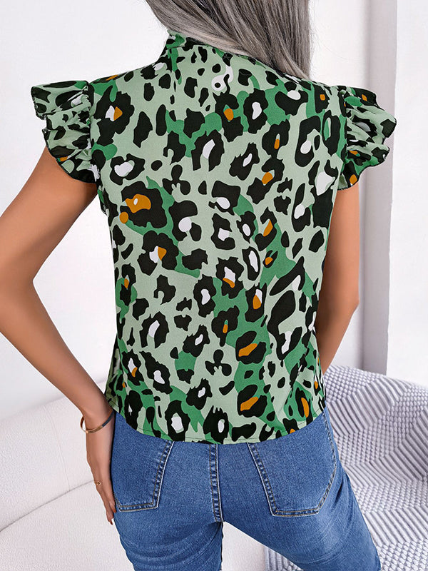 Cap Sleeve Loose Leopard Statement Collar Vest Top