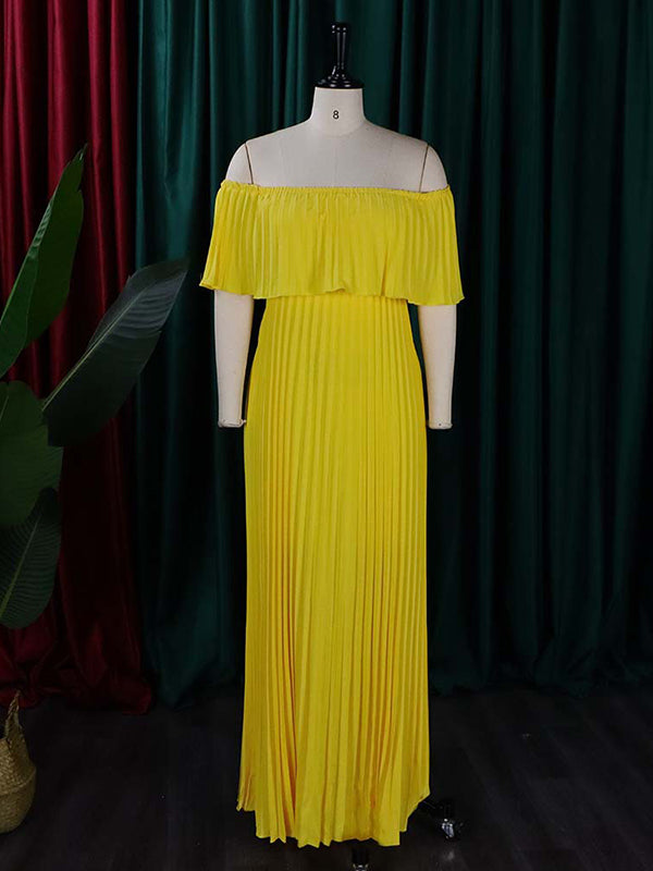 Wrap Pleated Solid Color Off-The-Shoulder Evening Dresses