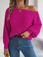 Loose Puff Sleeves Solid Color Split-Joint Round-Neck Sweater Tops