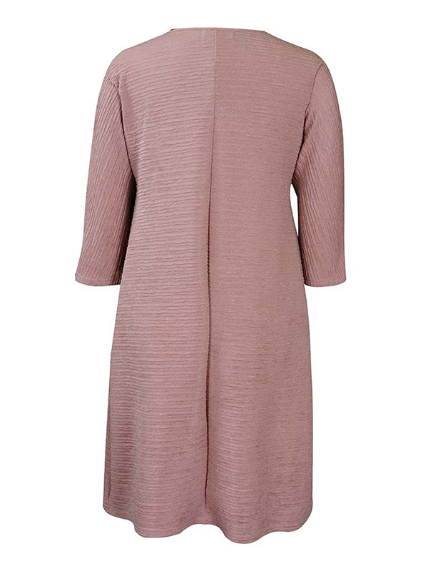 Vacation Long Sleeves A-Line Pleated Solid Color Round-Neck Midi Dresses