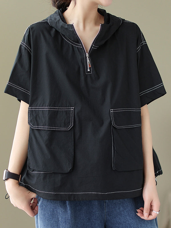 Loose Short Sleeves Zipper Hooded T-Shirts Tops