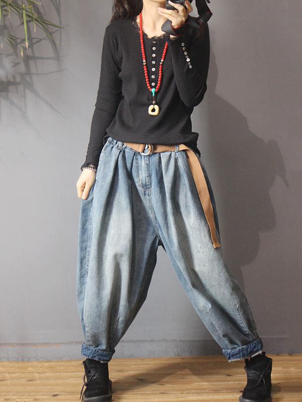 Vintage Denim Loose Elastic Waist Bloomers Pants