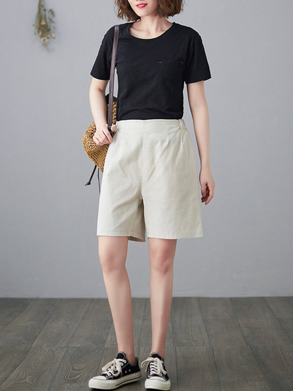 Simple Loose Casual Solid Color Linen Wide Leg Shorts