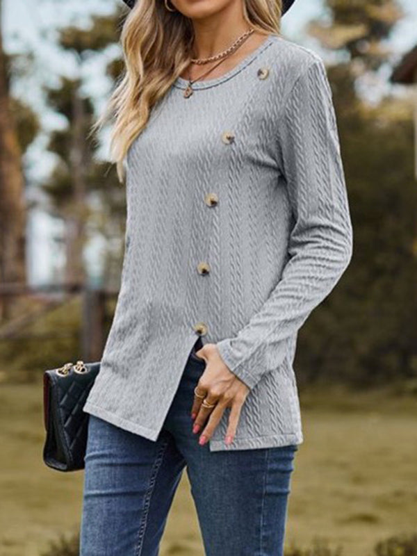 Long Sleeves Loose Buttoned Split-Front Round-Neck T-Shirts Tops