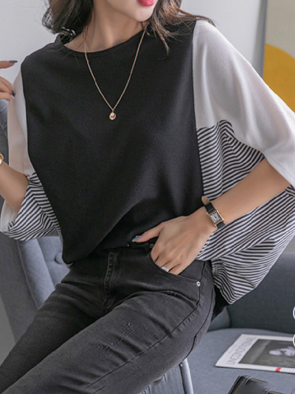 Batwing Sleeves Loose Contrast Color Split-Joint Round-Neck T-Shirts Tops