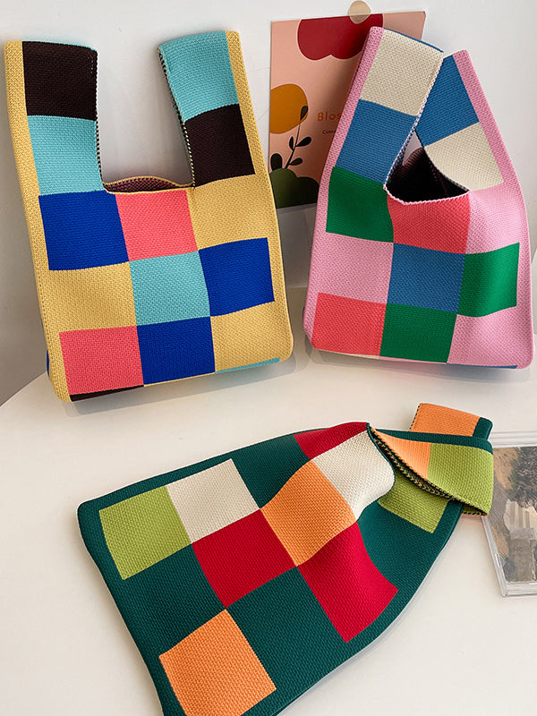 Casual Checkerboard Contrast Color Color-Block Bags Accessories Handbags