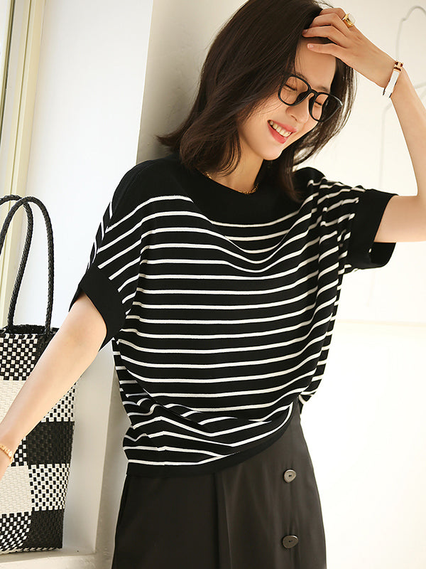 Urban Batwing Sleeves Loose Contrast Color Striped Knitting T-Shirt