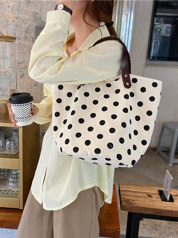 Vintage Canvas Polka-Dot Printed Makeup Tote Bag Bucket Bag