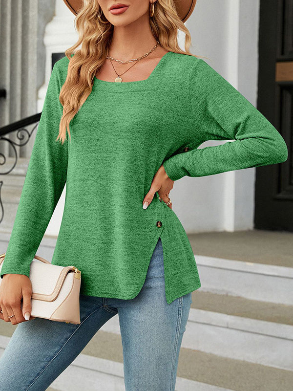 Long Sleeves Loose Asymmetric Buttoned Solid Color Split-Side Square-Neck T-Shirts Tops