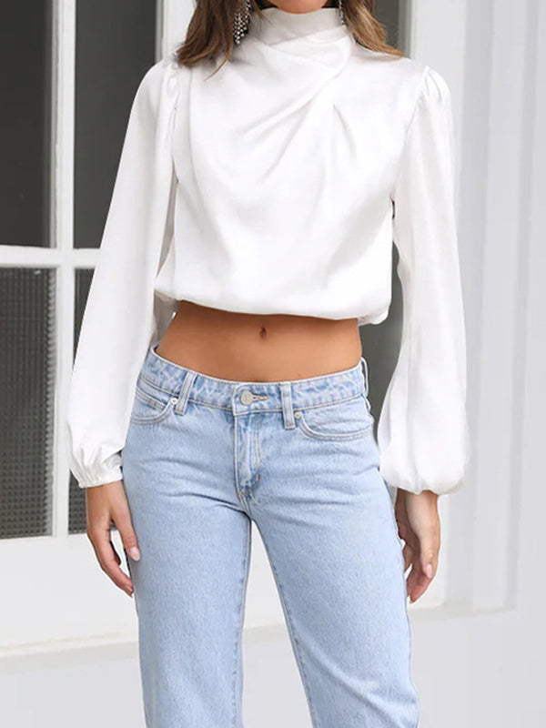 Long Sleeves Loose Elasticity Pleated Solid Color Mock Neck T-Shirts Tops