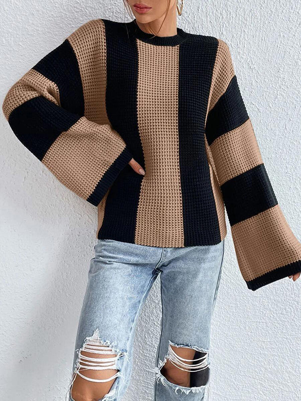 Flared Sleeves Contrast Color Striped Round-Neck Pullovers Sweater Tops