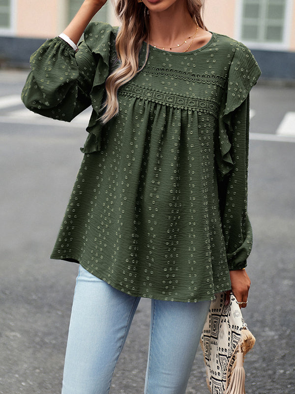 Loose Puff Sleeves Hollow Jacquard Solid Color Split-Joint Round-Neck T-Shirts