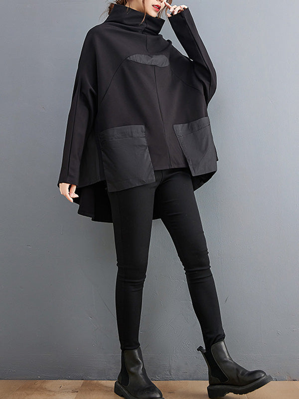 Casual Loose Split-Joint High-Neck Long Batwing Sleeves T-Shirt