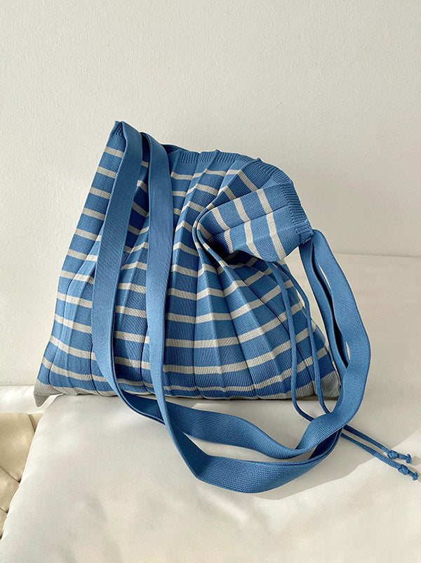 Contrast Color Pleated Striped Woven Handbag