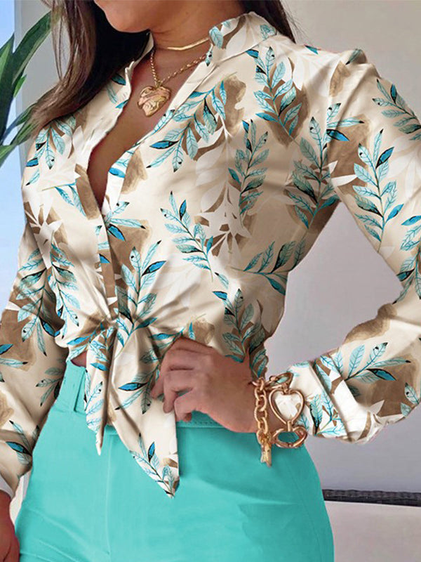 Long Sleeves Buttoned Leaves Print Deep V-Neck Shirts Top +Belted Shorts Bottom Two Pieces Set