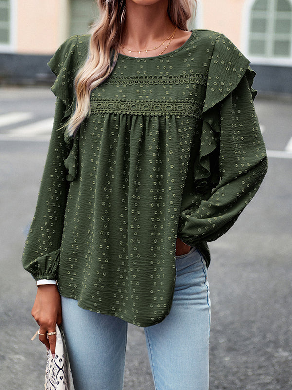 Loose Puff Sleeves Hollow Jacquard Solid Color Split-Joint Round-Neck T-Shirts