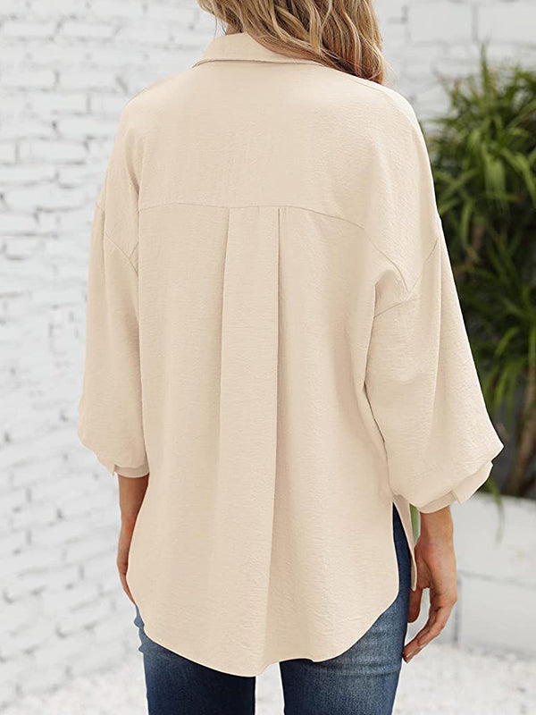 Loose Puff  Three-Quarter Sleeves Solid Color Lapel Blouses