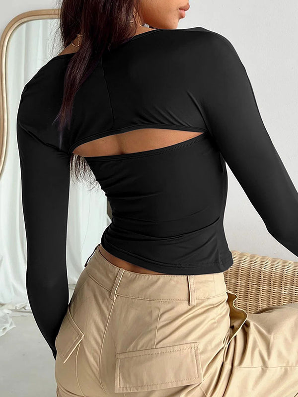 Long Sleeves Skinny Solid Color Collarless T-Shirts Tops