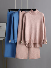 Urban Long Sleeves Solid Color Half Turtleneck Sweater Tops & Wide Leg Pants Two Pieces Set