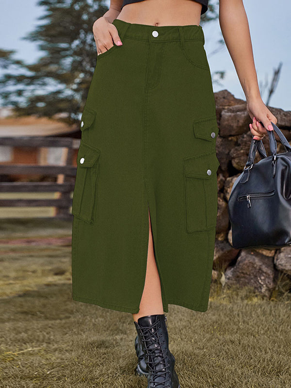 A-Line Loose Pockets Split-Front Split-Joint Denim Skirts