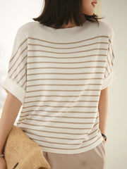 Urban Batwing Sleeves Loose Contrast Color Striped Knitting T-Shirt