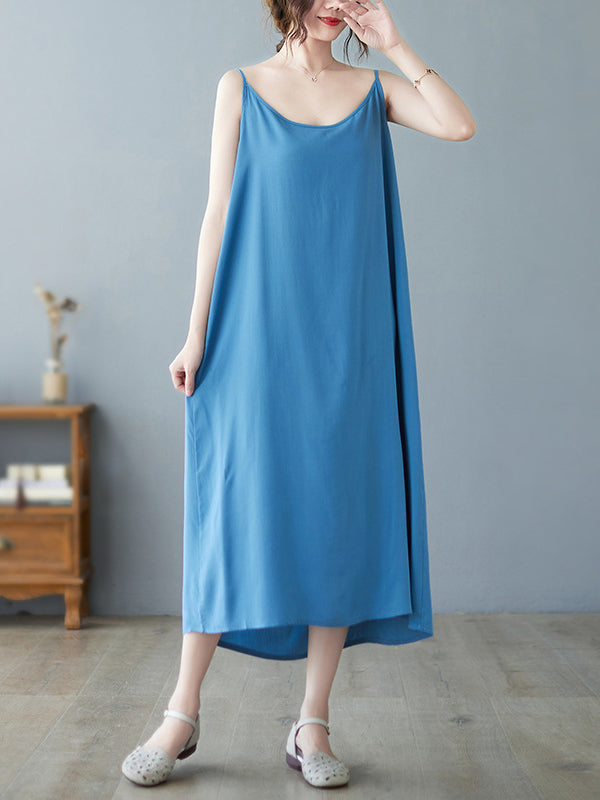 Loose Sleeveless Solid Color Spaghetti-Neck Midi Dresses