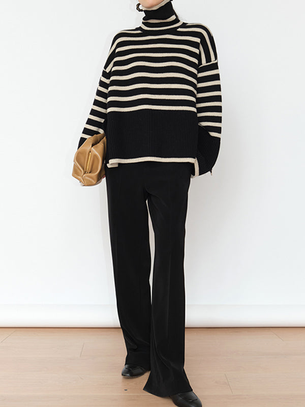 Long Sleeves Loose Contrast Color Split-Joint Split-Side Striped High Neck Sweater Tops