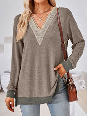 Long Sleeves Loose Hollow Split-Joint Split-Side V-Neck T-Shirts Tops