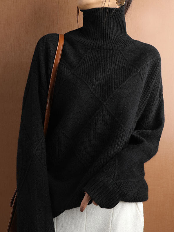 Casual Loose Solid Color Striped High-Neck Long Sleeves Sweater Tops