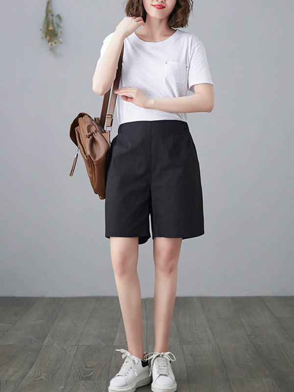 Simple Loose Casual Solid Color Linen Wide Leg Shorts