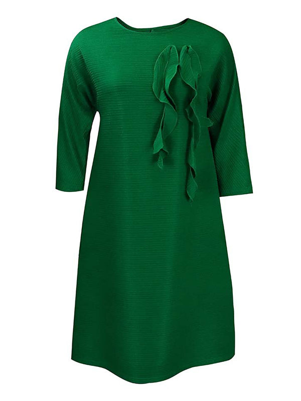 Vacation Long Sleeves A-Line Pleated Solid Color Round-Neck Midi Dresses