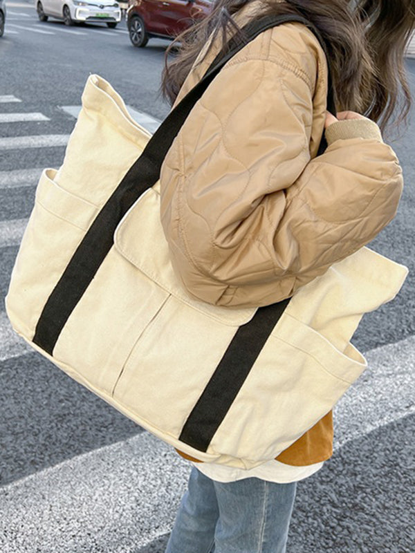 Simple Casual 3 Colors Canvas Big Pocket Bag