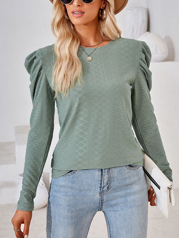 Long Sleeves Loose Pleated Solid Color Round-Neck T-Shirts Tops