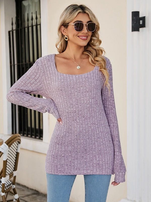 Casual Long Sleeves Skinny Solid Color Square-Neck Sweater Tops