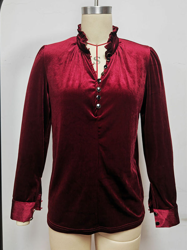 Long Sleeves Loose Buttoned Ruffled Velvet V-Neck T-Shirts Tops