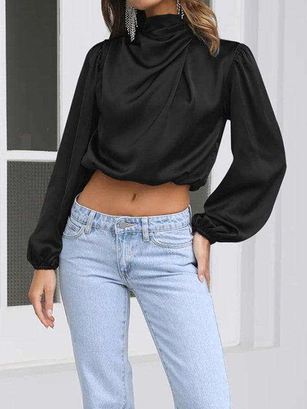 Long Sleeves Loose Elasticity Pleated Solid Color Mock Neck T-Shirts Tops