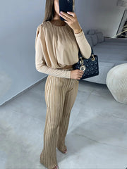 Long Sleeves Elasticity Pleated Solid Color Round-Neck Shirts Top + High Waisted Pants Bottom Two Pieces Set