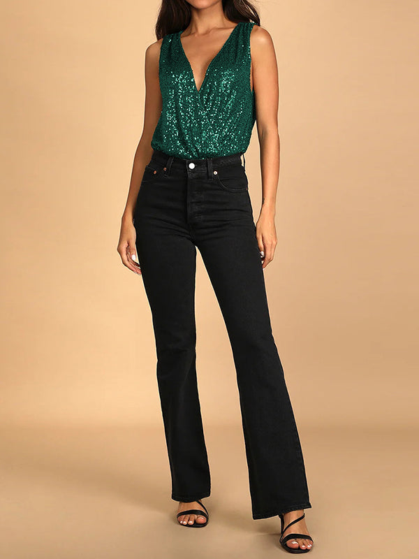 Skinny Sleeveless High-Waisted See-Through Sequined Split-Joint V-Neck Bodysuits