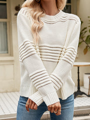 Long Sleeves Loose Hollow Solid Color Round-Neck Knitwear Pullovers Sweater Tops