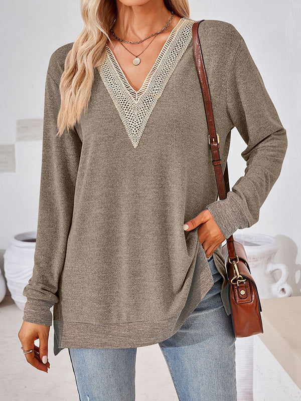 Long Sleeves Loose Hollow Split-Joint Split-Side V-Neck T-Shirts Tops