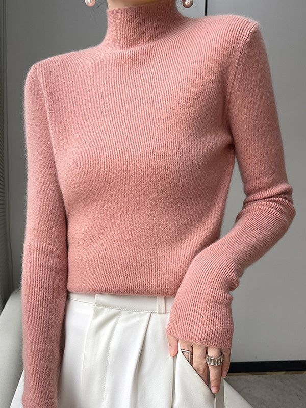 Casual Skinny Long Sleeves Solid Color Half Turtleneck Sweater Tops