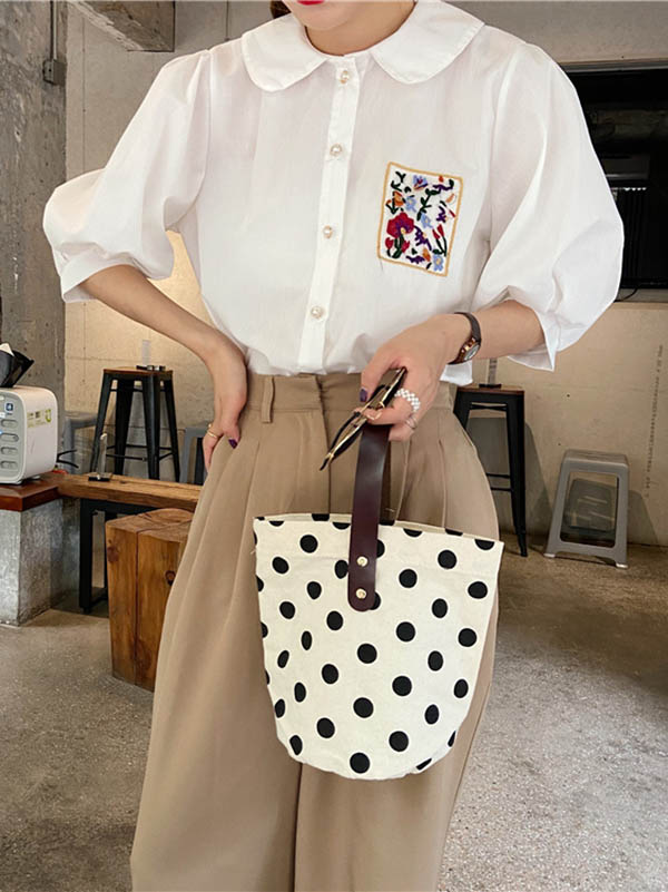 Vintage Canvas Polka-Dot Printed Makeup Tote Bag Bucket Bag