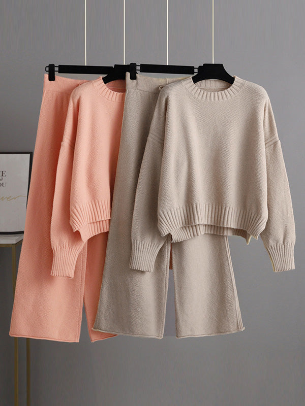 Stylish Loose High-Low Long Sleeves Solid Color Round-Neck Sweater Tops& Wide Leg Pants Two Pieces Set