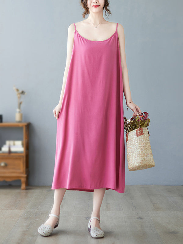 Loose Sleeveless Solid Color Spaghetti-Neck Midi Dresses