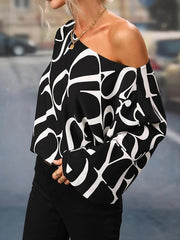 Long Sleeves Loose Asymmetric Letter Print One-Shoulder Blouses&Shirts Tops