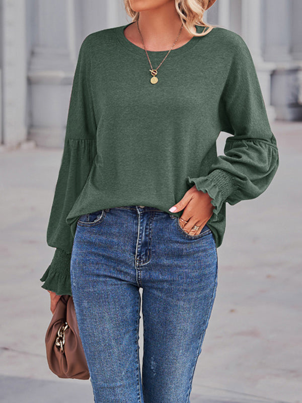 Flared Sleeves Long Sleeves Elasticity Solid Color Round-Neck T-Shirts Tops