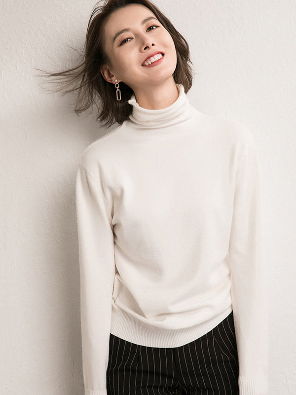 Simple Loose Long Sleeves Solid Color High-Neck Sweater Tops