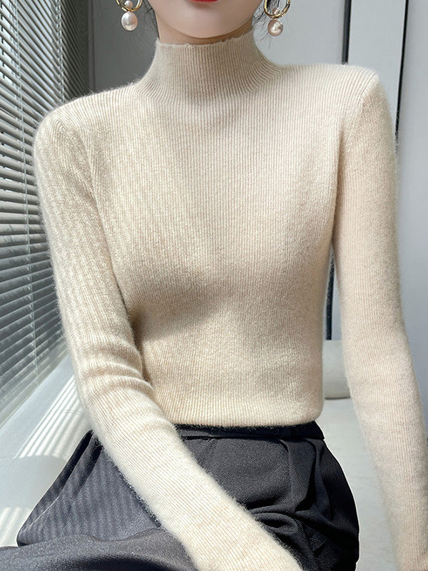 Casual Skinny Long Sleeves Solid Color Half Turtleneck Sweater Tops