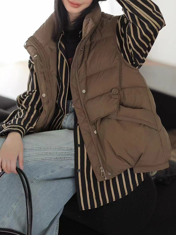 Loose Sleeveless Pleated Split-Joint Zipper Stand Collar Down Coat Padded Vest