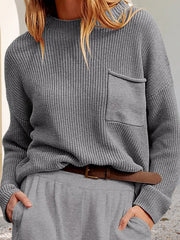 Long Sleeves Loose Pockets Solid Color Round-Neck Knitwear Pullovers Sweater Tops